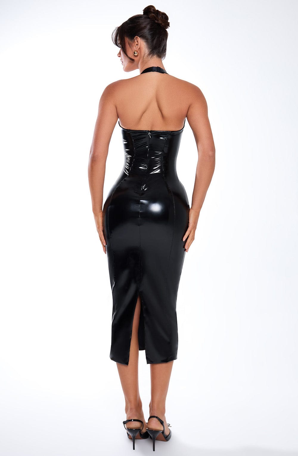 DIA Women's Dress Midi Plunge Black Vinyl Party
