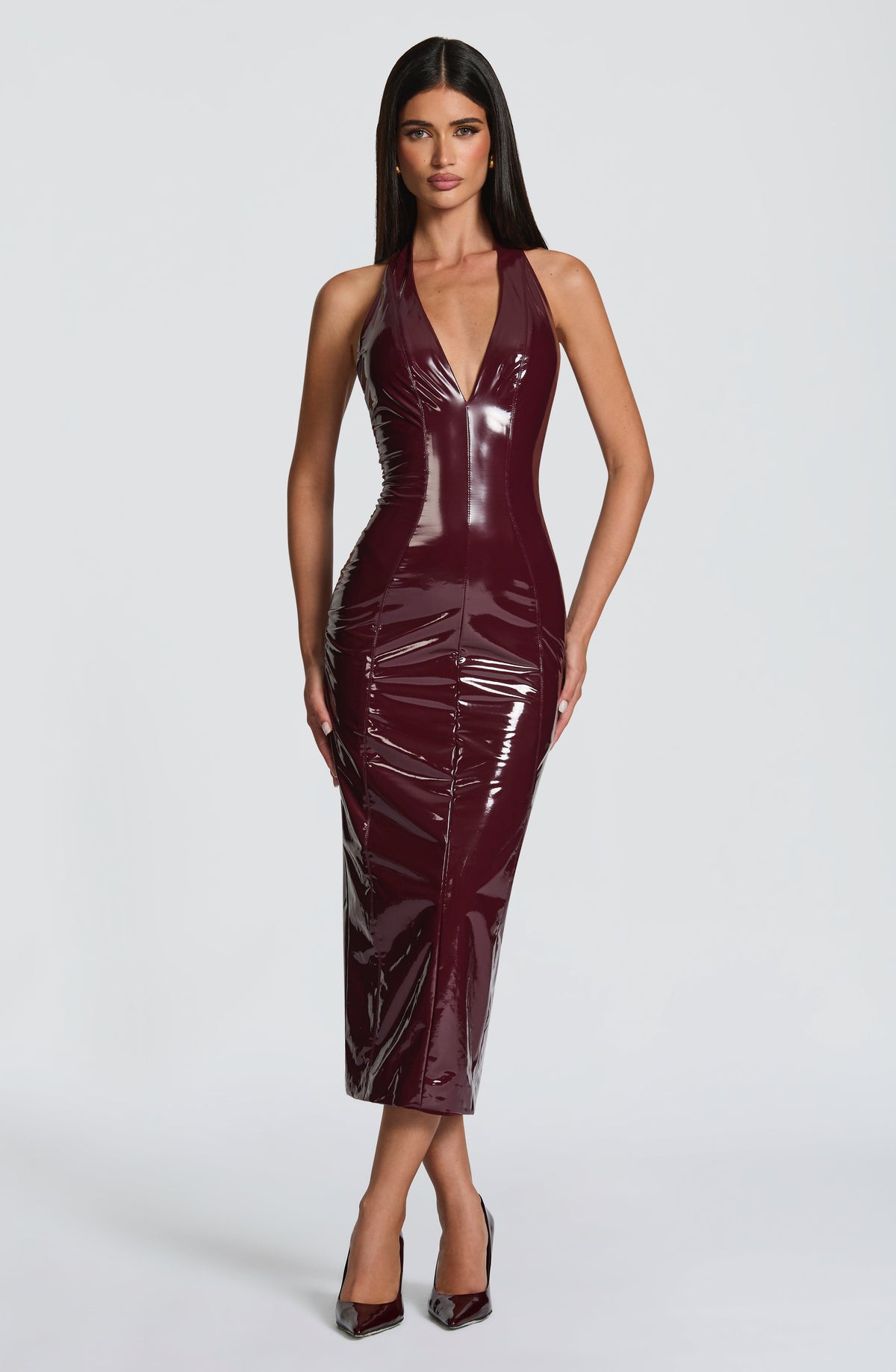 DIA Women's Dress Plunge Backless Cherry Lacquer Vinyl Evening Party