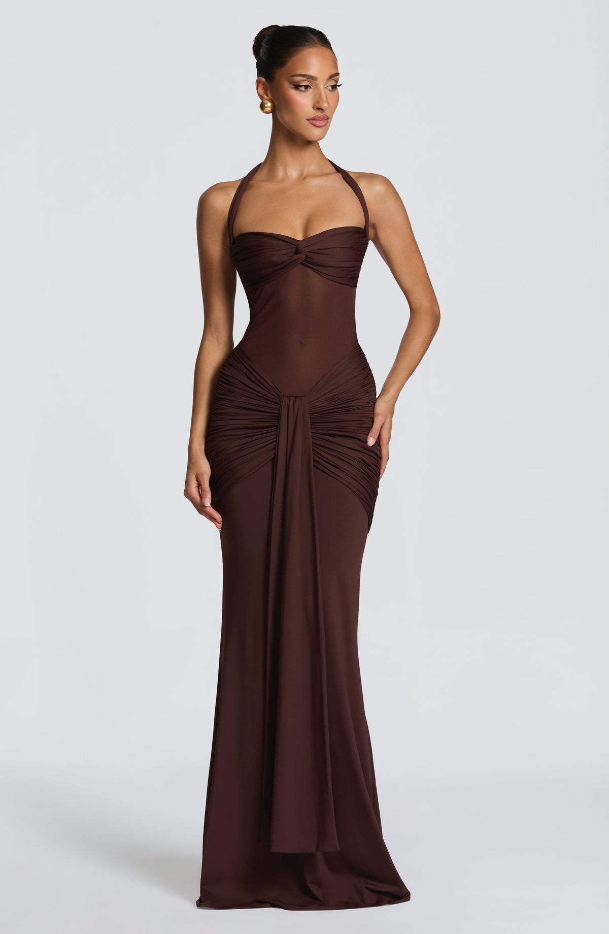 DIA Women's Dress Ruched Flare Plum Brown Mesh Formal
