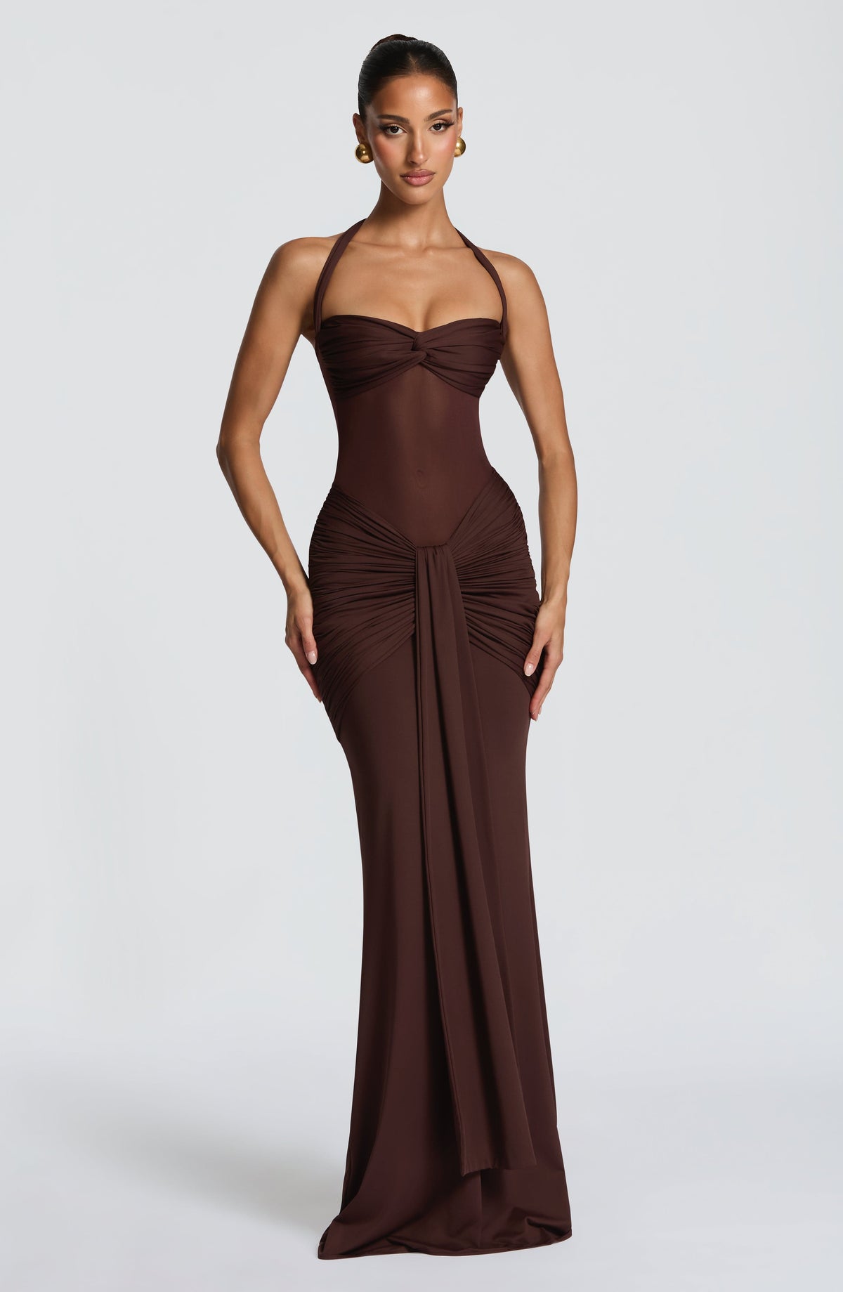 DIA Women's Dress Ruched Flare Plum Brown Mesh Formal