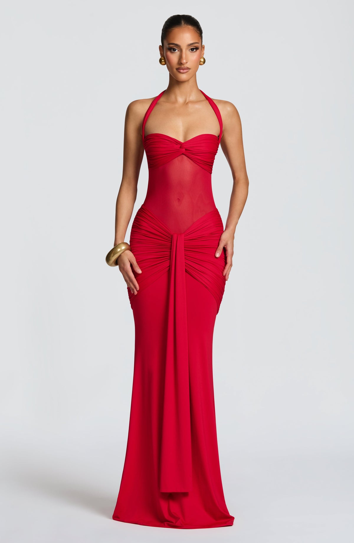 DIA Women's Dress Ruched Flare Red Sequin Mesh Evening