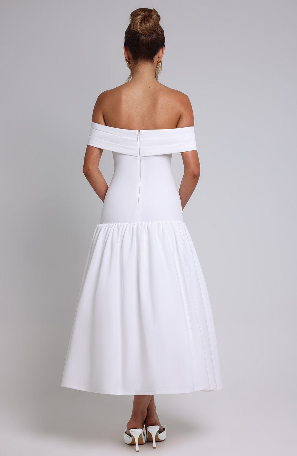 M.T Women's Dress Wilhelmina Midaxi Bardot Ivory Crepe Formal