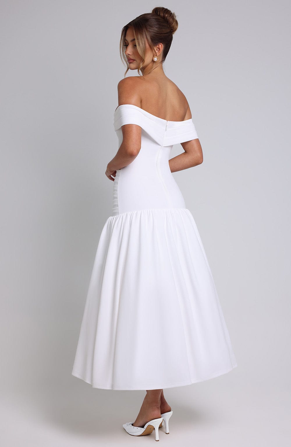 M.T Women's Dress Wilhelmina Midaxi Bardot Ivory Crepe Formal