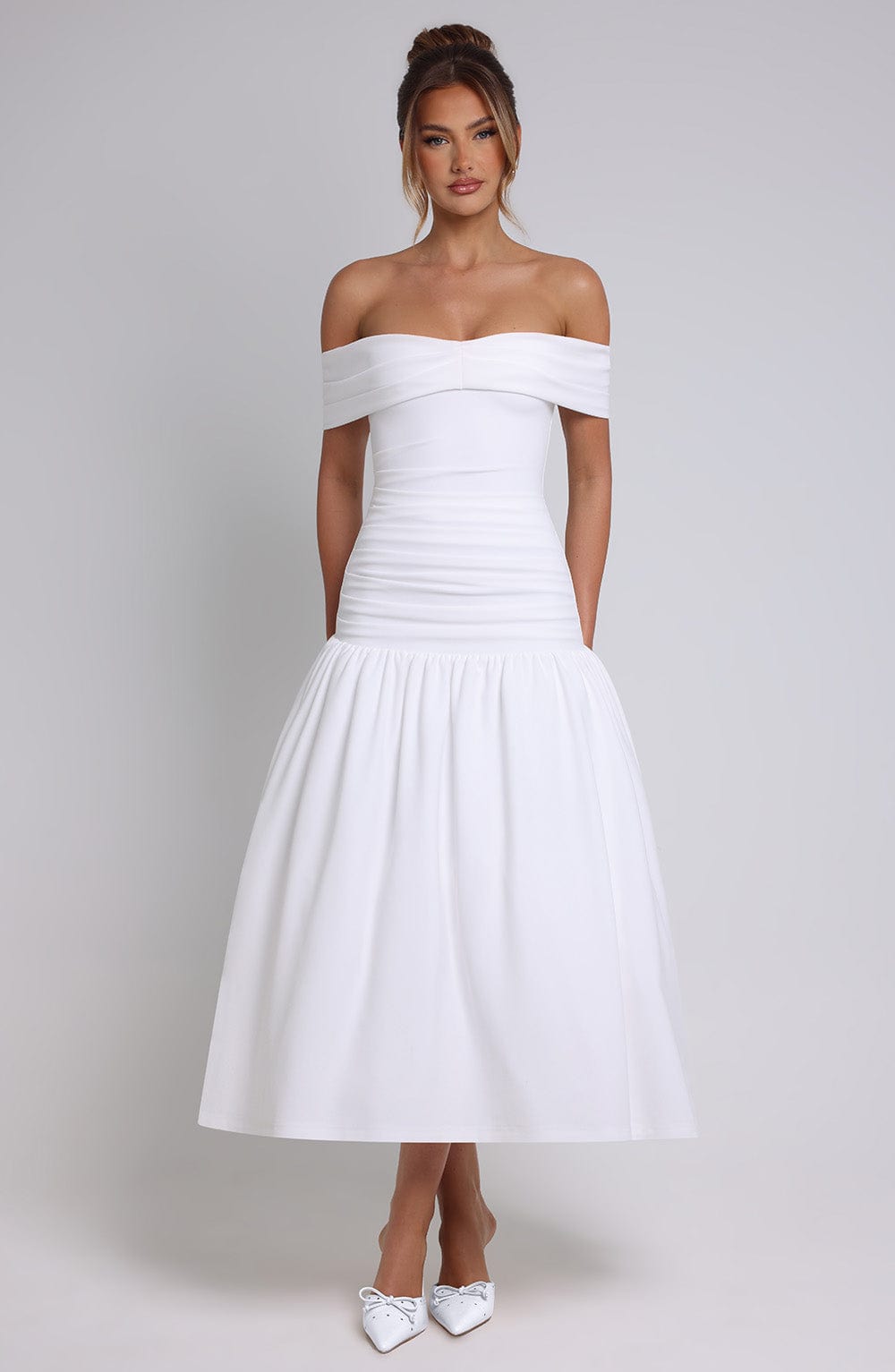 M.T Women's Dress Wilhelmina Midaxi Bardot Ivory Crepe Formal