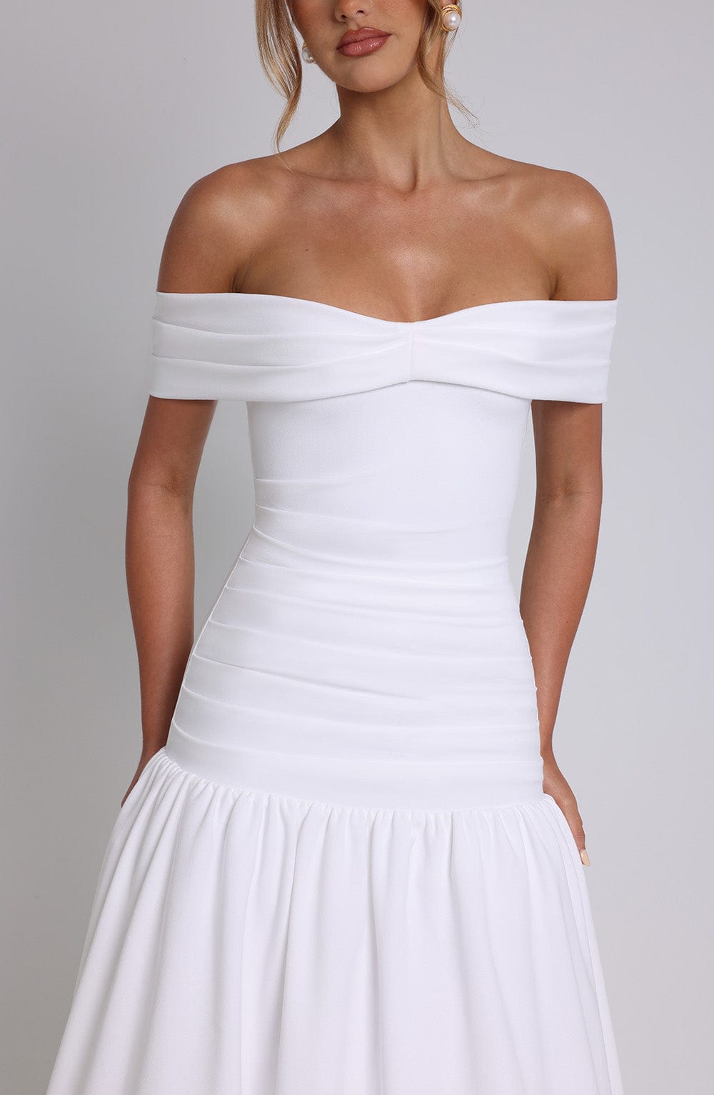 M.T Women's Dress Wilhelmina Midaxi Bardot Ivory Crepe Formal