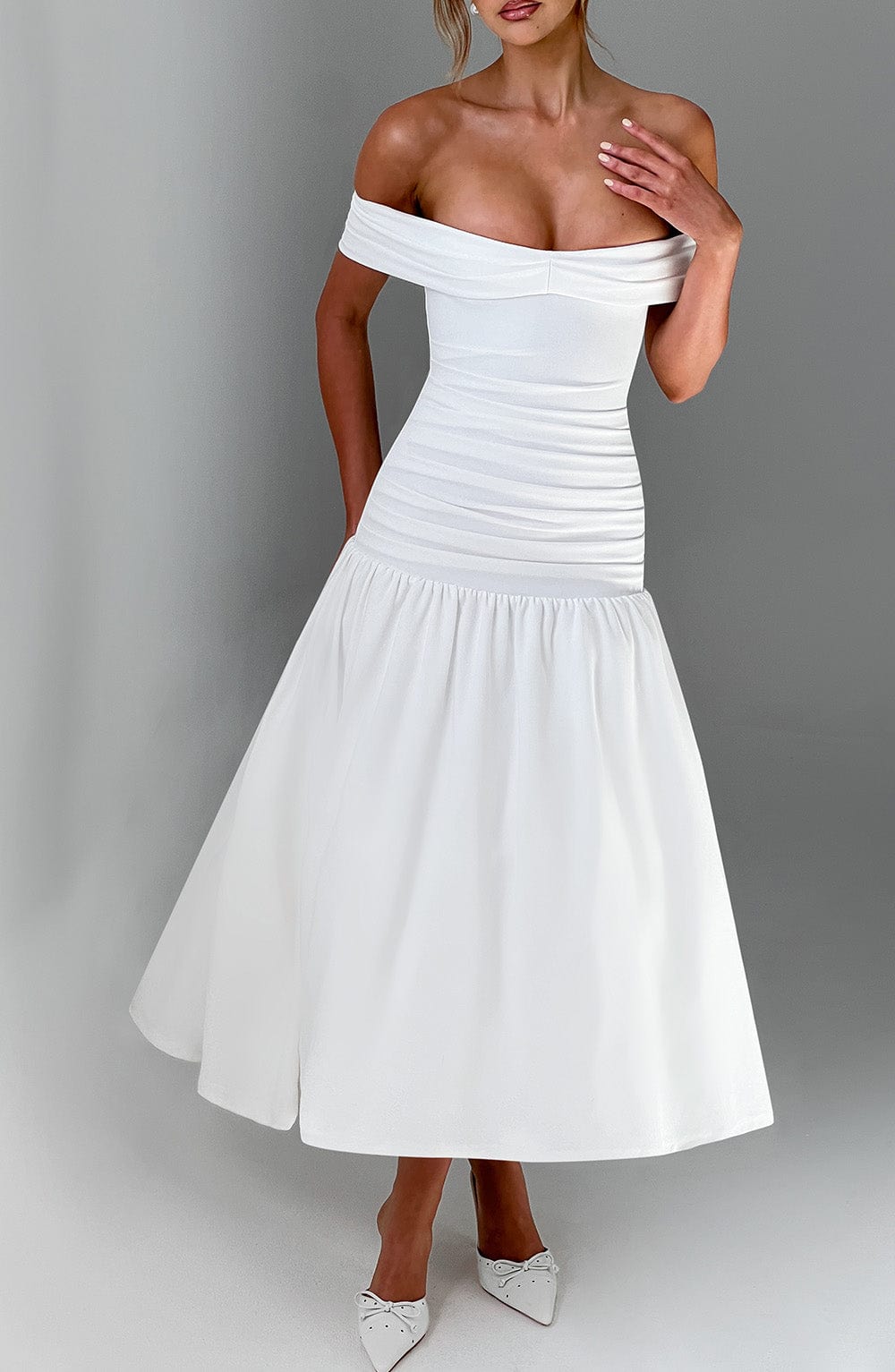 M.T Women's Dress Wilhelmina Midaxi Bardot Ivory Crepe Formal