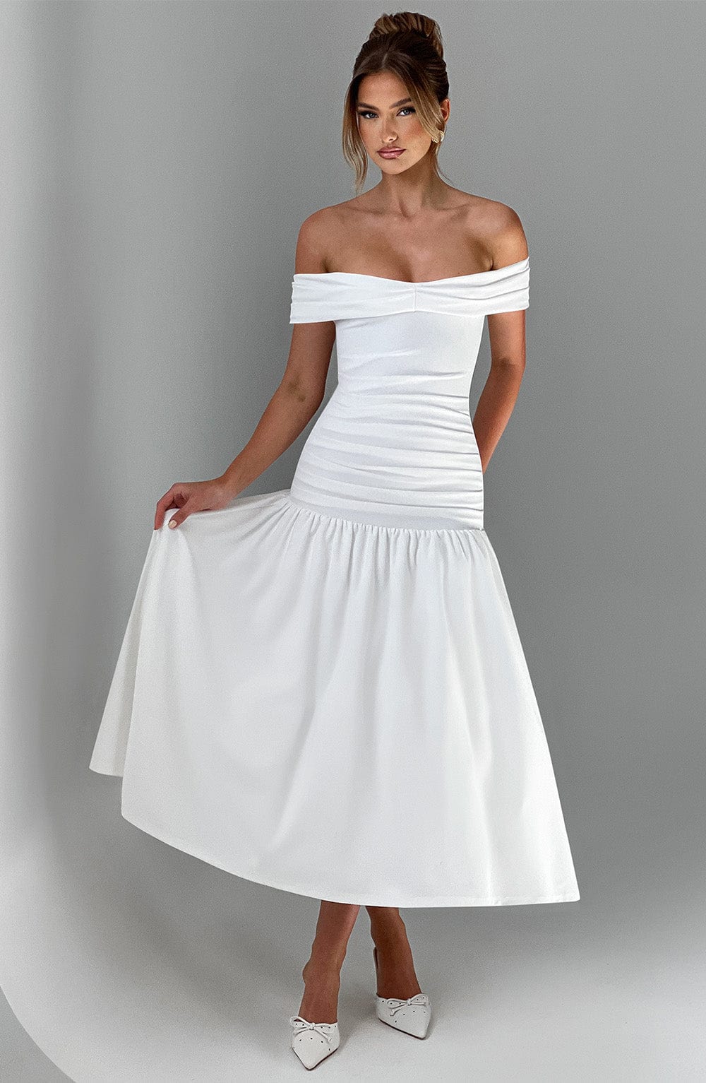 M.T Women's Dress Wilhelmina Midaxi Bardot Ivory Crepe Formal