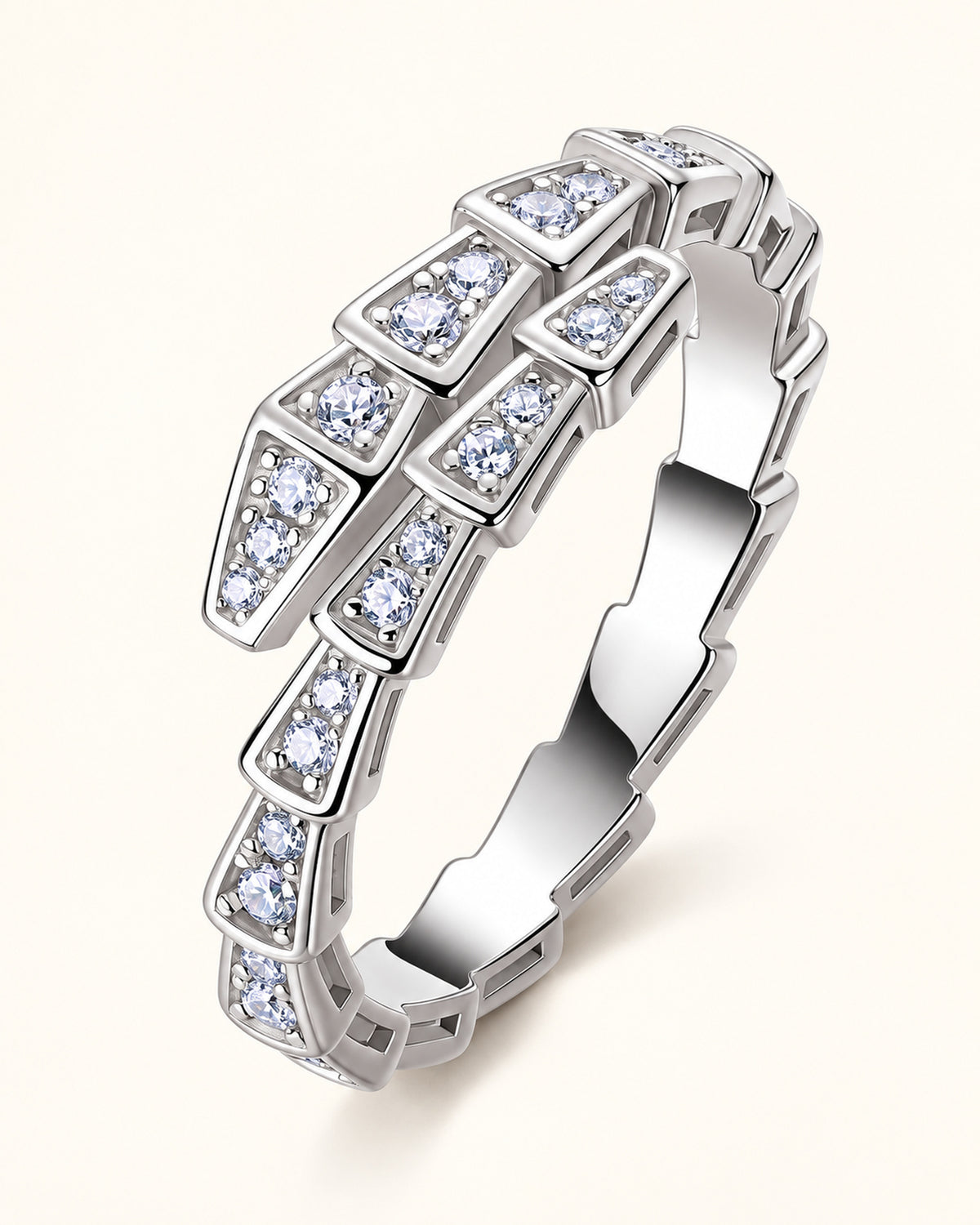 Women's moissanite snake ring in S925 sterling silver, double-row front view