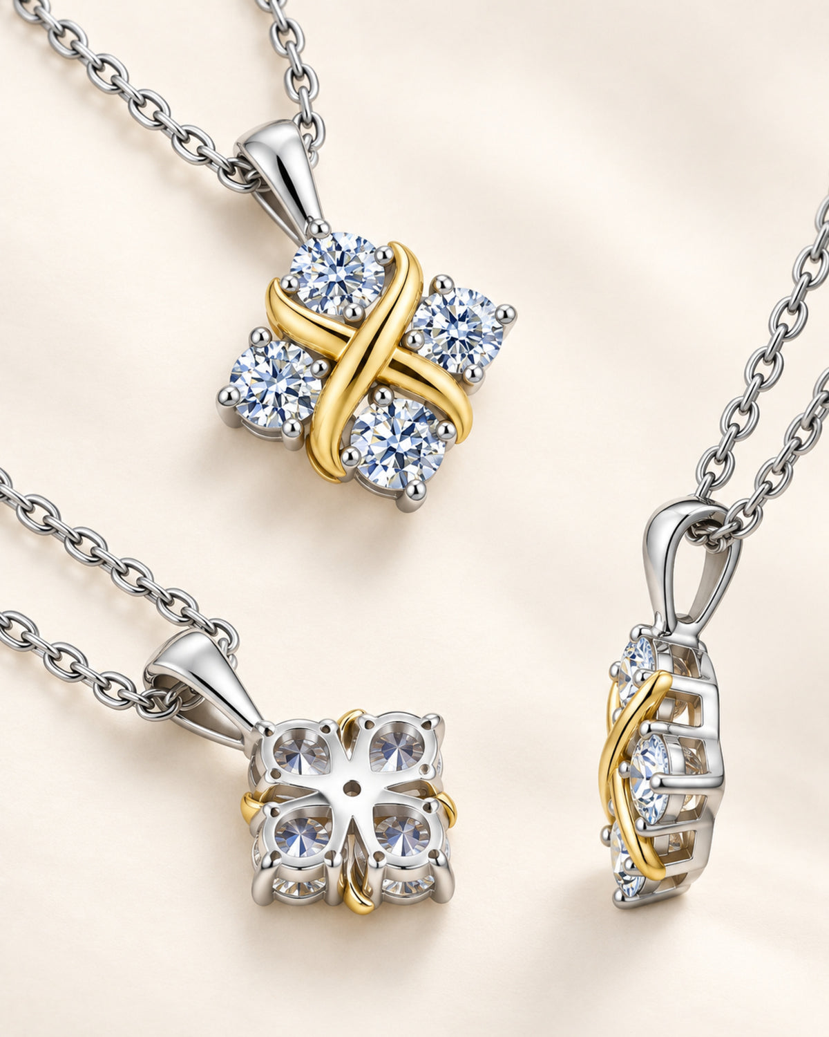 Two-tone crossover moissanite pendant necklace macro detail