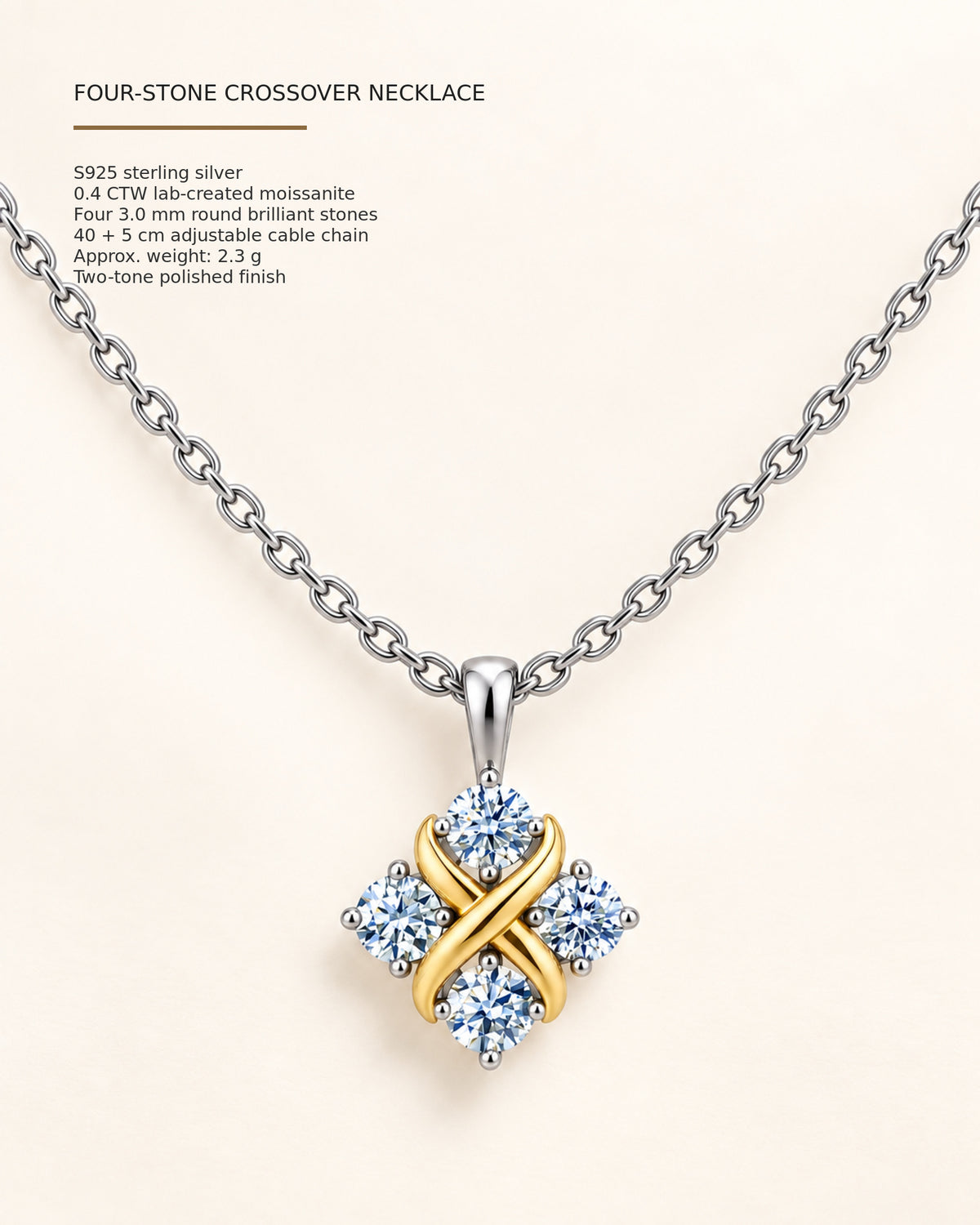 Four-stone moissanite necklace specifications and dimensions