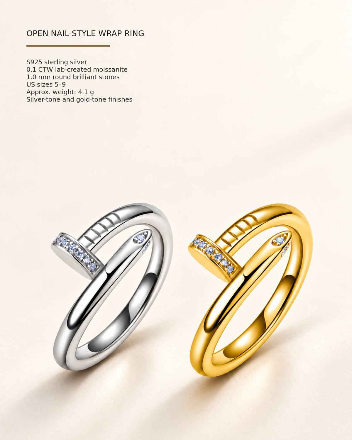 Moissanite nail ring specifications, sizes and finishes