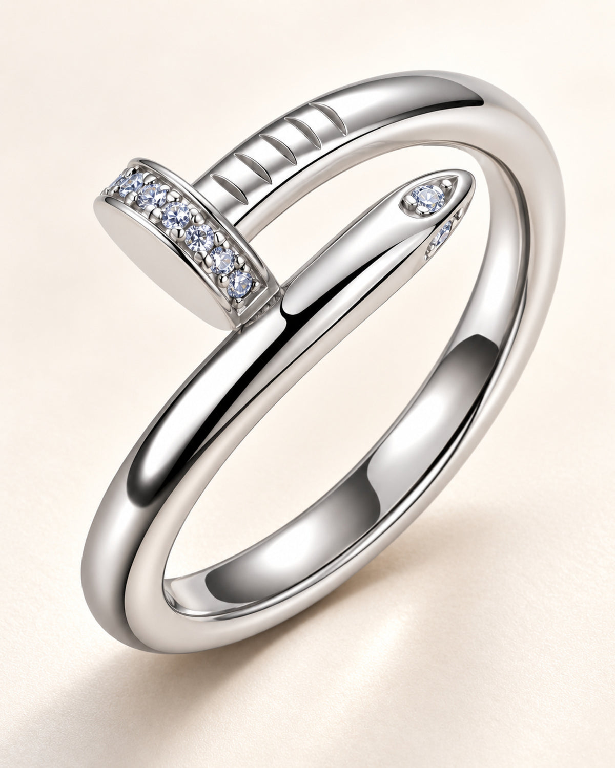 Open wrap moissanite nail ring side and underside detail