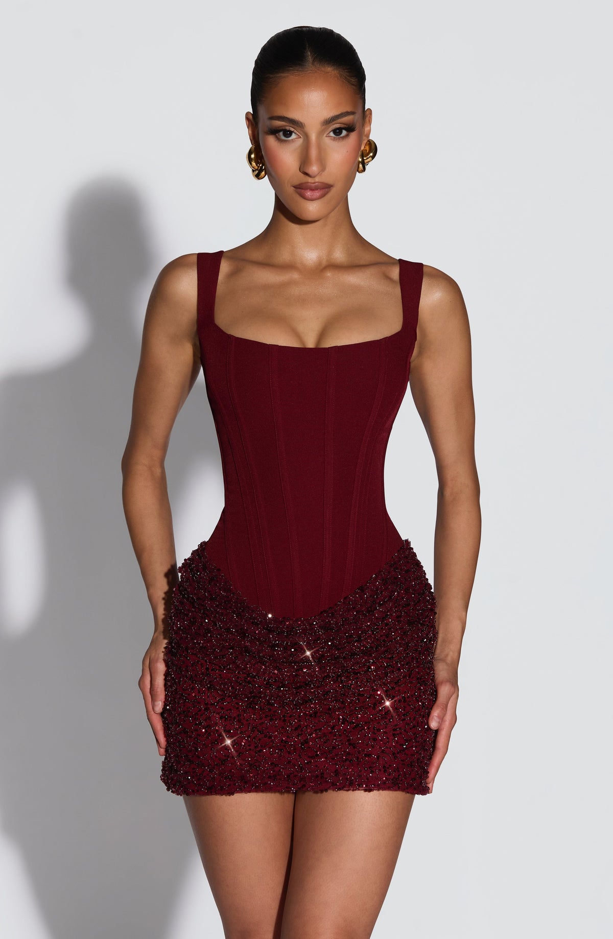 R.F Women's Dress Yeona Square Neck Burgundy Embellished Crepe Party